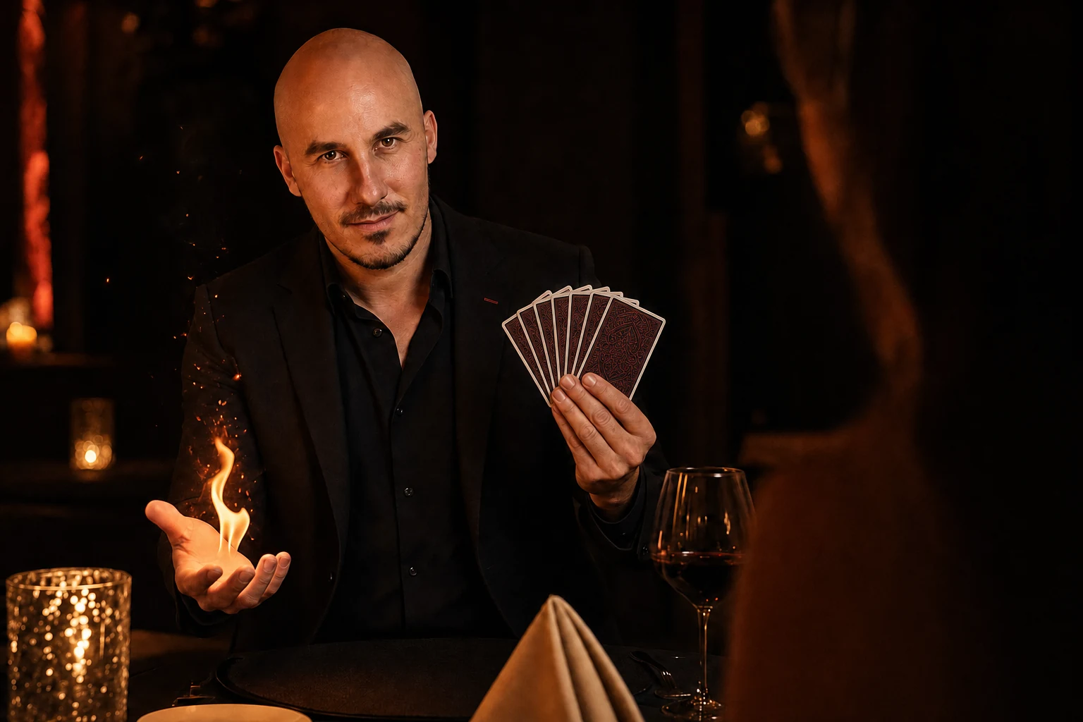 Magier ILLUSIAN bei einer Magic-Dinner-Inszenierung mit Karten und Feuer